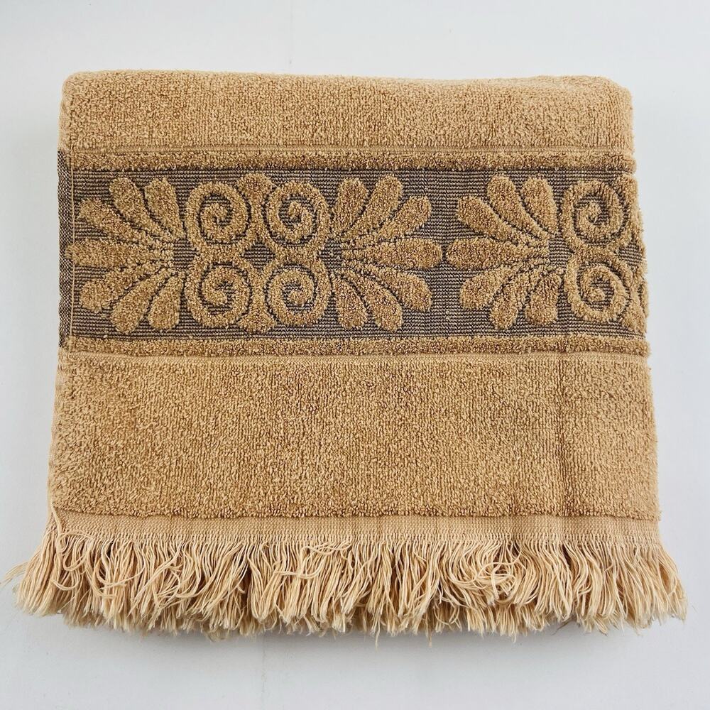 VTG MCM Towel Cannon Monticello Floral Fringe Tan-Neutral Bath Towel Made In USA